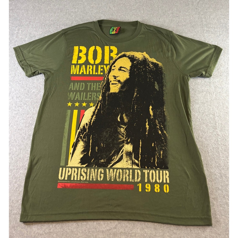 Bob Marley Uprising World Tour 1980 Graphic T-Shirt Olive Green Mens Large Zion